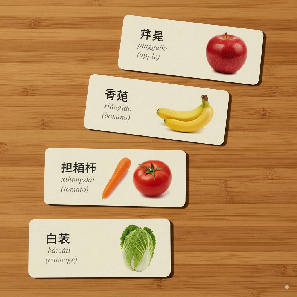 Mandarin Food Vocabulary - Fruits and Vegetables Flashcards